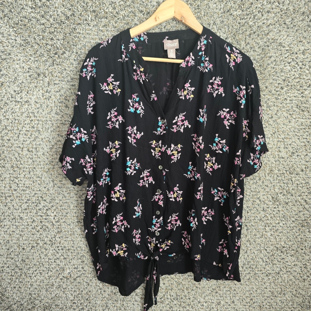 Chicos Top Womens 3 US XL Black Floral Print Button Blouse Waist Tie Casual